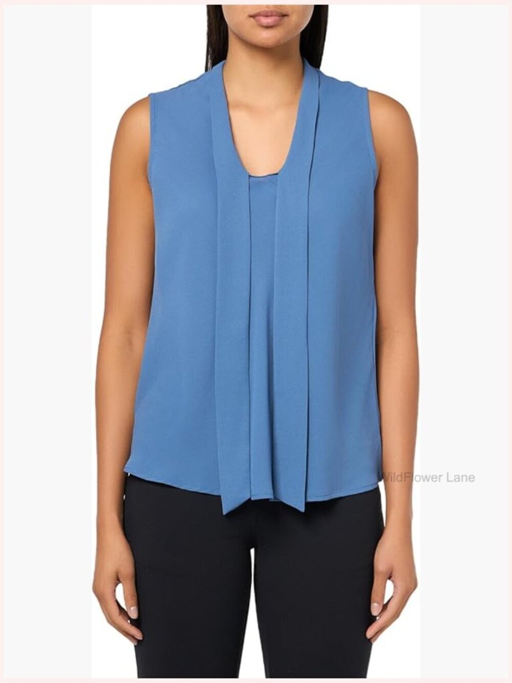 Sleeveless Tie Front Blouse, Classic Fit, Notched Collar, Drawstring Waist